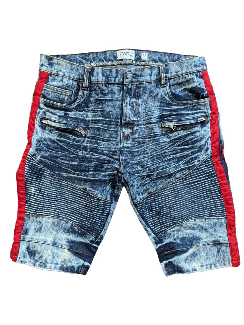 FWRD Denim Mens Blue Acid Wash Red Stripe Streetwear Moto Denim Shorts Size 38